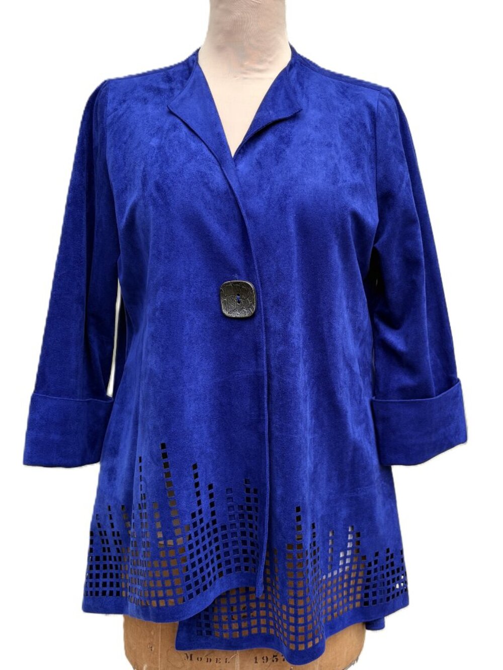 Vibrant Royal Blue Faux Suede Laser-Cut Hem Jacket/Cardigan w Statement Button